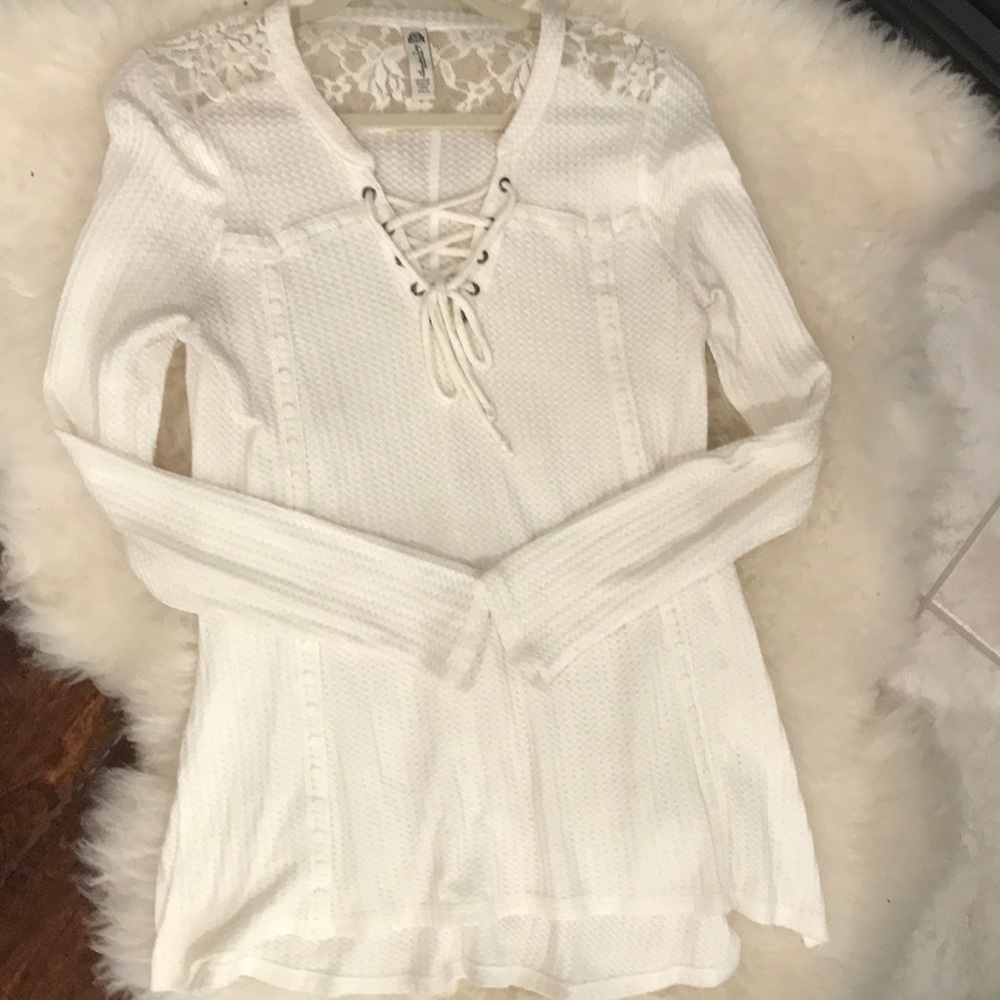 White tunic front ties lace up V neck sweaterdress